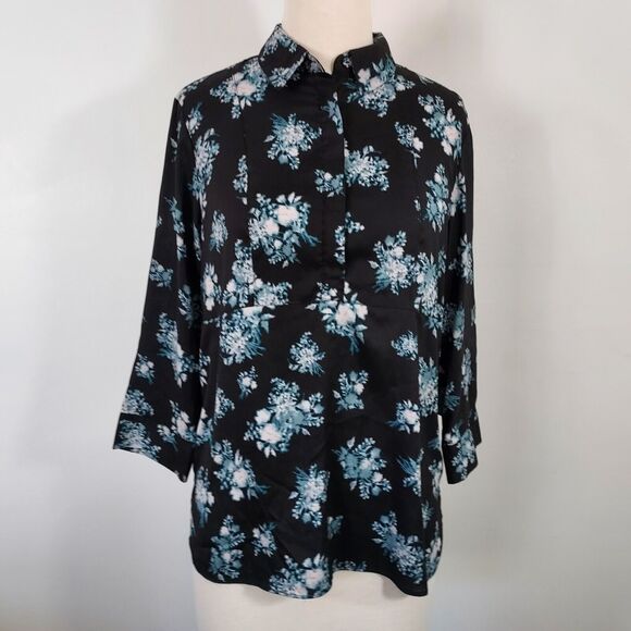 Simply Vera Wang Shirt Top Black Floral 3/4 Sleeve Split Open Back Women's L - Picture 2 of 13